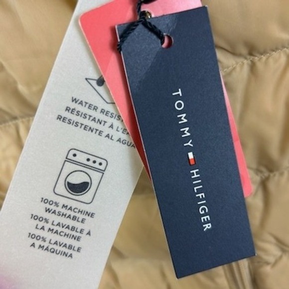 Tommy Hilfiger Puffer Jacket Women's Size Large Tan Hooded Water Resistant Warm - Picture 8 of 9